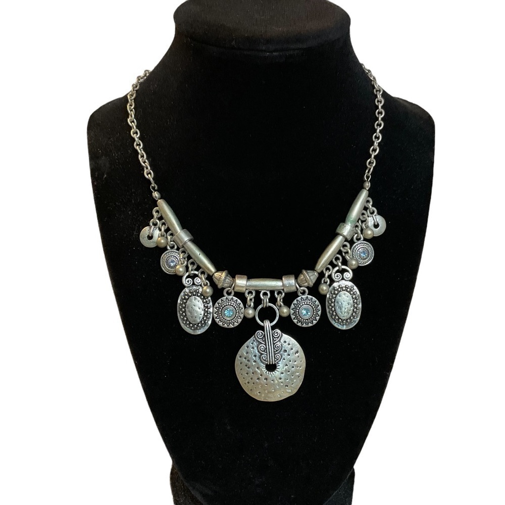Silver Tone and Blue Rhinestone Metal 21" Necklace